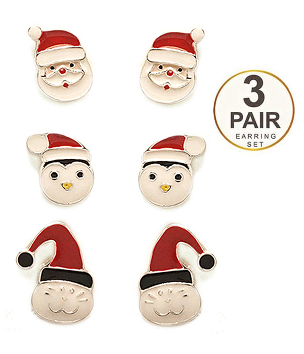CHRISTMAS THEME 3 PAIR EARRING SET - SANTA