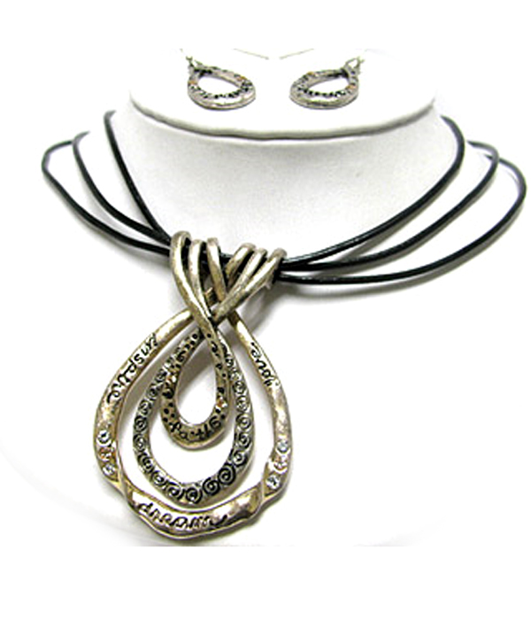 Burnish metal pendant cord neckalce and earring set
