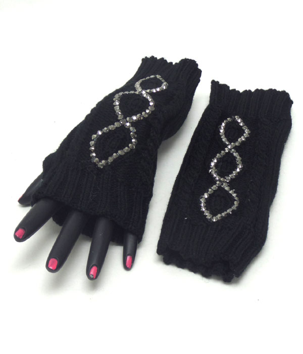 Crystal wave pattern open fingertip knit glove