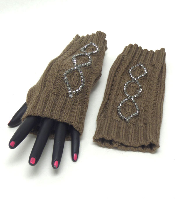 Crystal wave pattern open fingertip knit glove