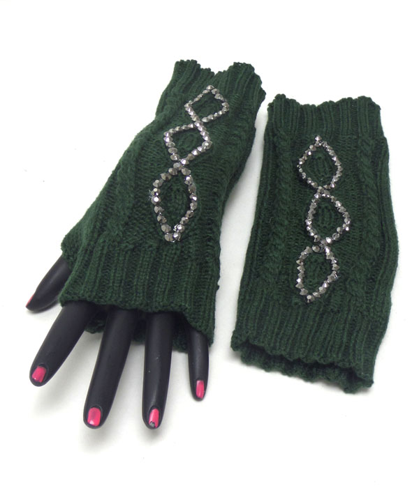 Crystal wave pattern open fingertip knit glove