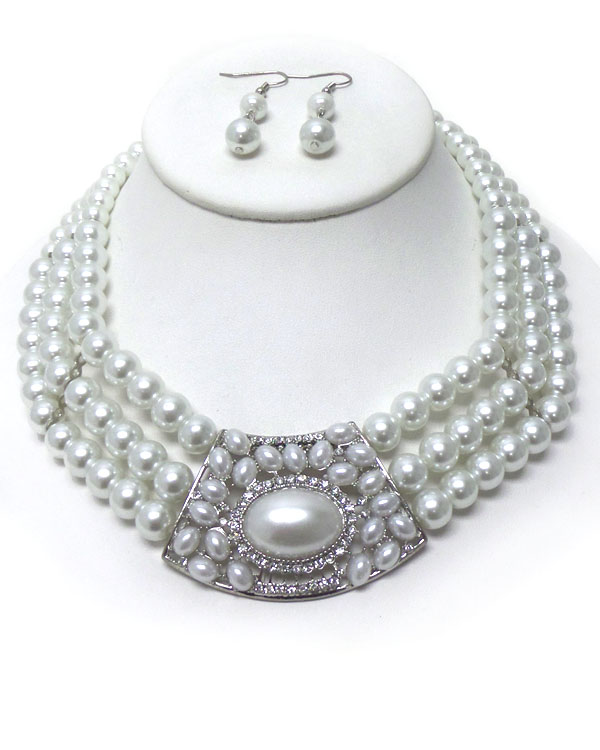 Three layers of pearls with casting point necklace set 