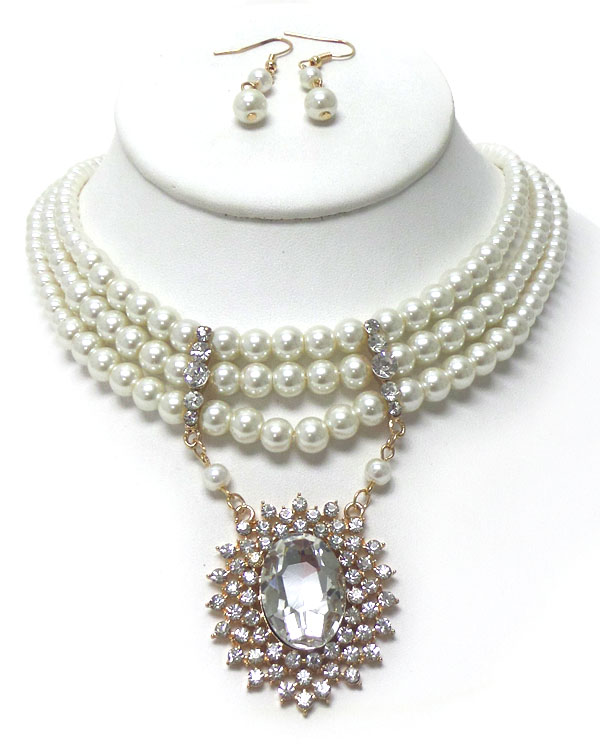 Three layers of pearls with casting point necklace set