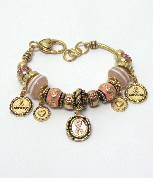 Pandora style multi beads and charm dangle pink ribbon bracelet
