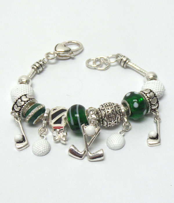 Pandora style multi beads and charm dangle golf theme bracelet