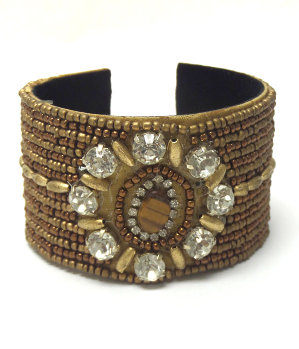 Handmade multi seed beads and crystal flower bracelet - brass