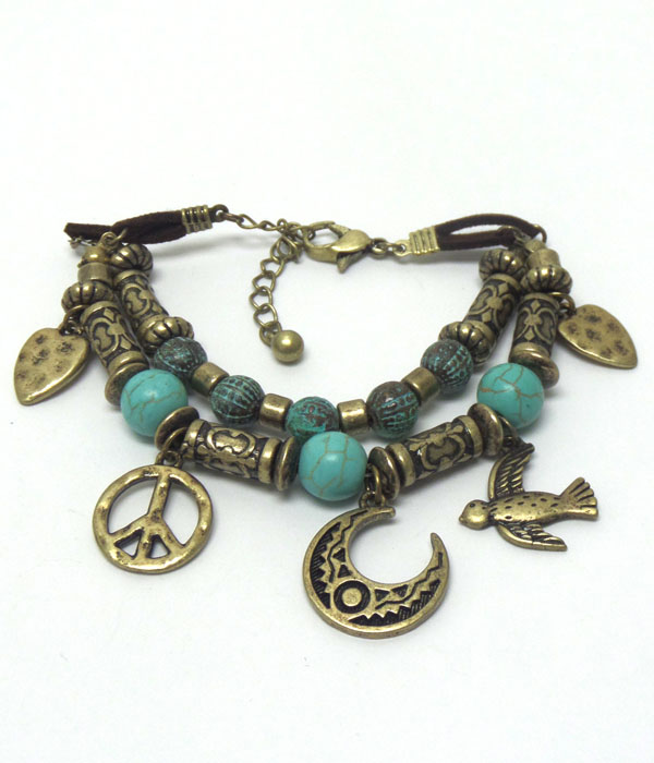 Peace moon and bird charm bohemian style bracelet