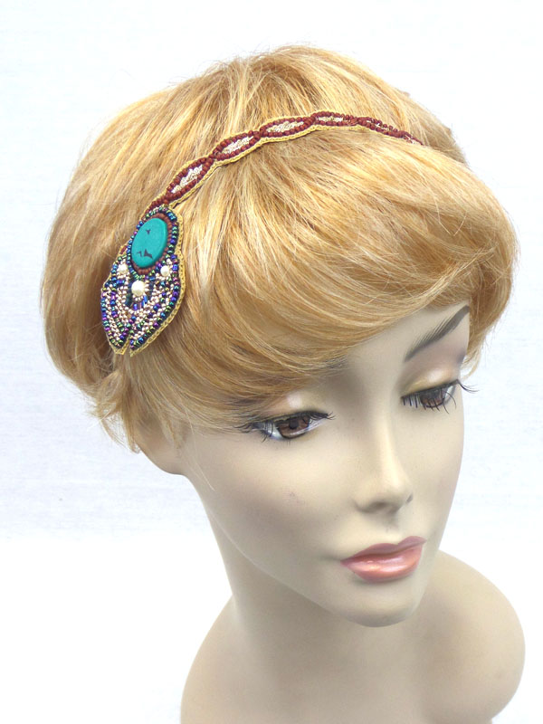 Handmade multi seed beads stretch headband and dangle drop