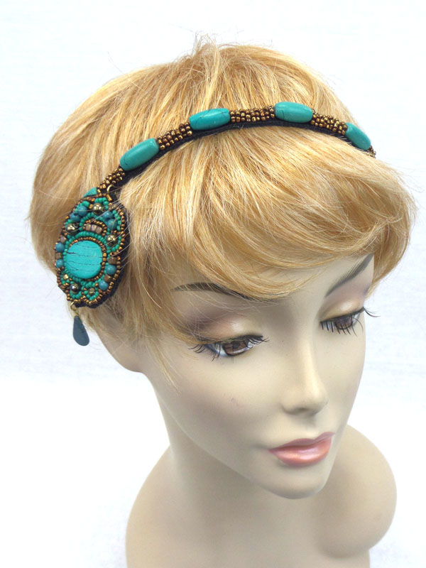 Handmade multi seed beads stretch headband and dangle drop