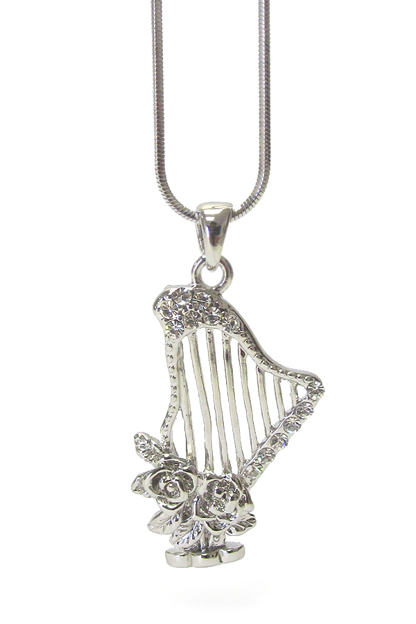 Made in korea whitegold plating crystal music theme harp pendant necklace