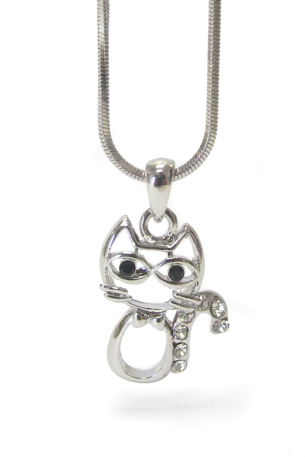 WHITEGOLD PLATING CRYSTAL SIMPLE CAT PENDANT NECKLACE