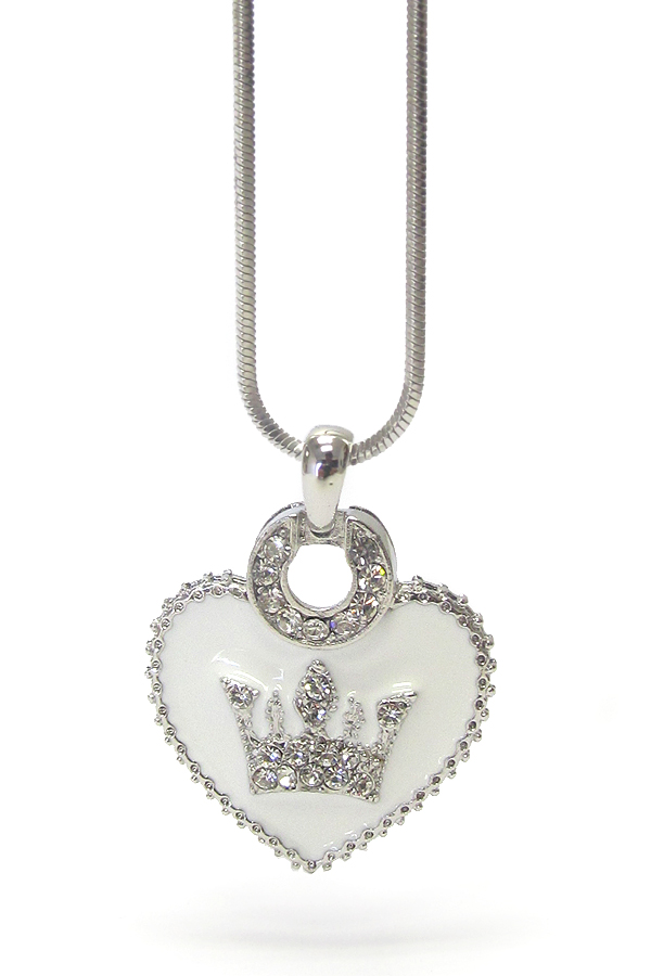 WHITEGOLD PLATING CRYSTAL EPOXY CROWN HEART PENDANT NECKLACE