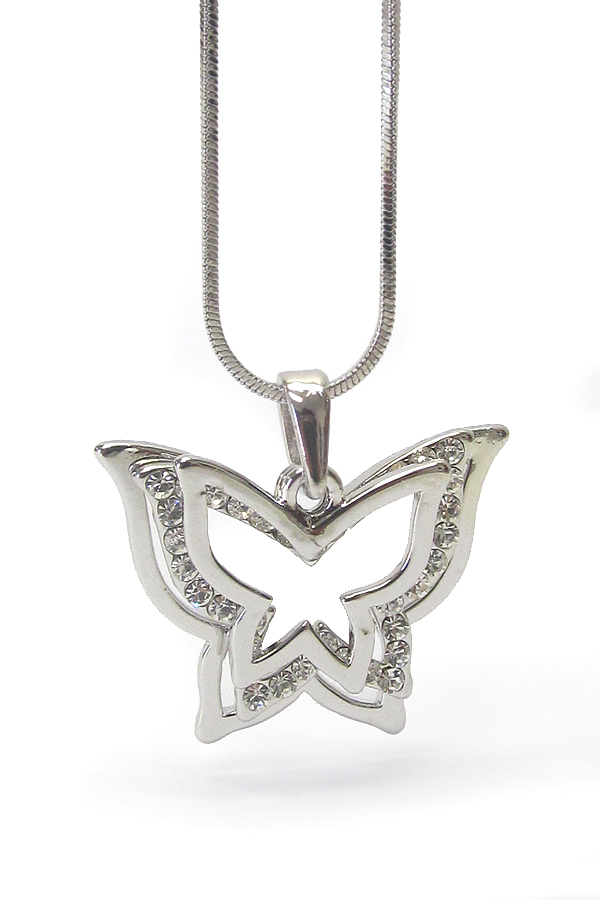 WHITEGOLD PLATING CRYSTAL STUD BUTTERFLY FRAME PENDANT NECKLACE