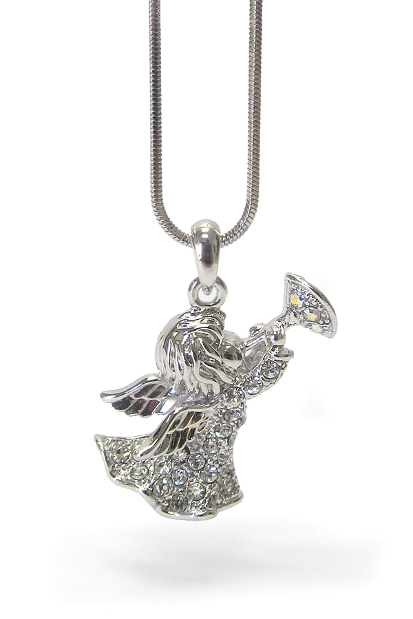 WHITEGOLD PLATING CRYSTAL ANGEL PENDANT NECKLACE