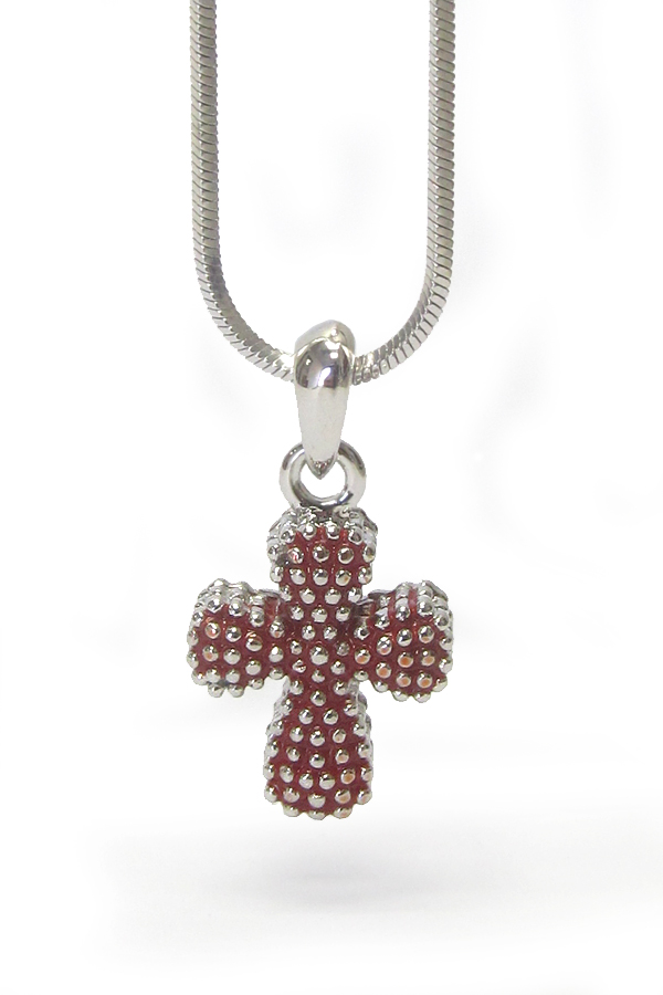 WHITEGOLD PLATING METAL STUDED CHUNK CROSS PENDANT NECKLACE