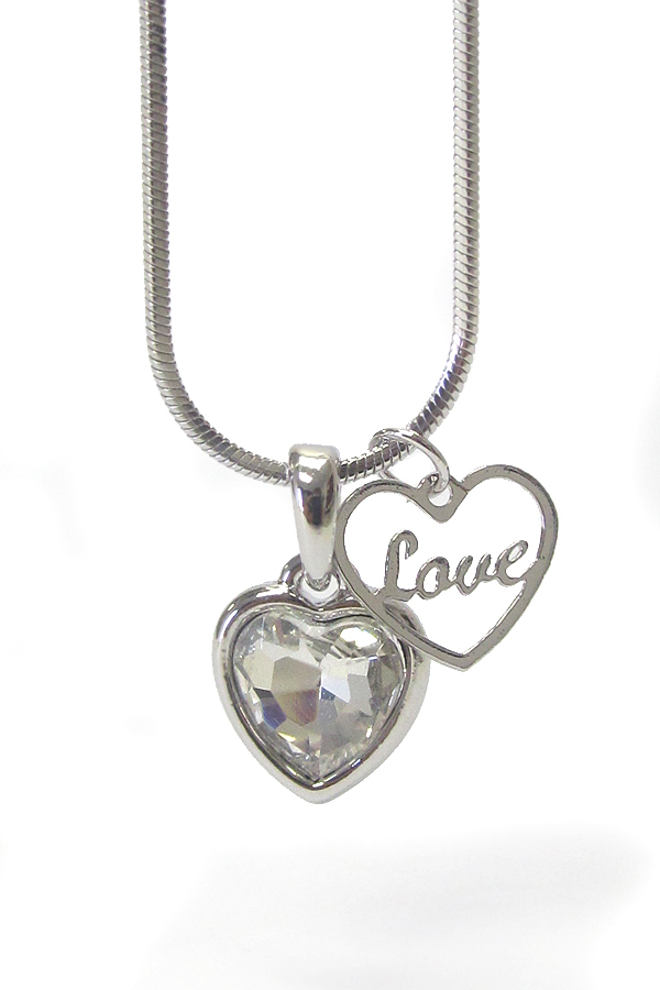 Made in korea whitegold plating crystal heart with love heart dual pendant necklace -valentine