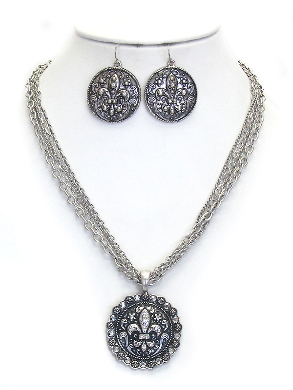 Crystal deco fleur de lis textured medallion multi chin necklace earring set