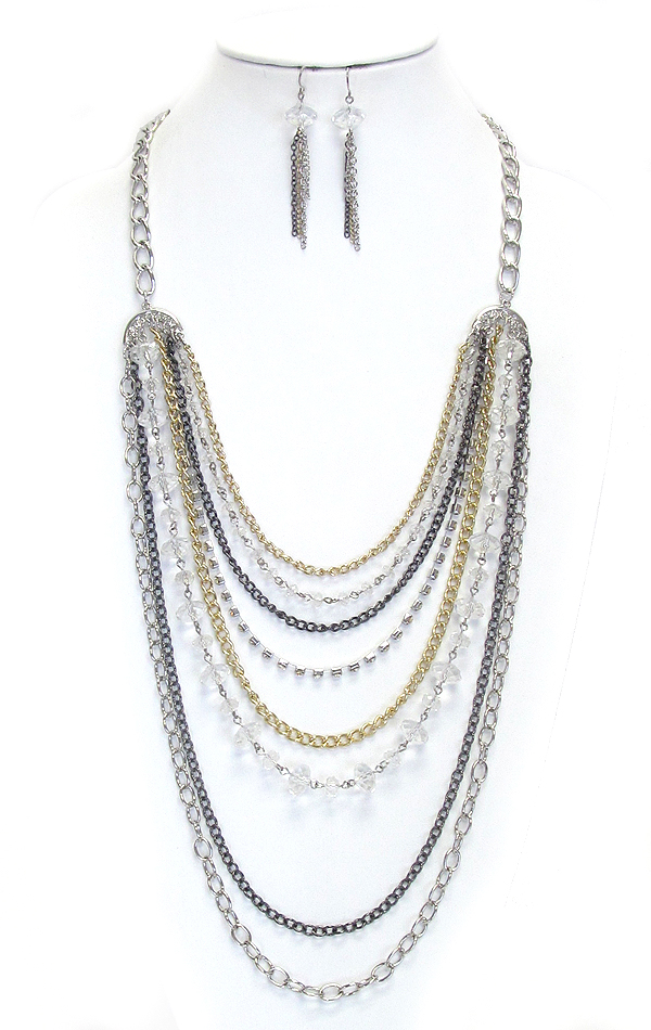 Multi row facet glass beads and mixed metal chain long chain neckalce earring set