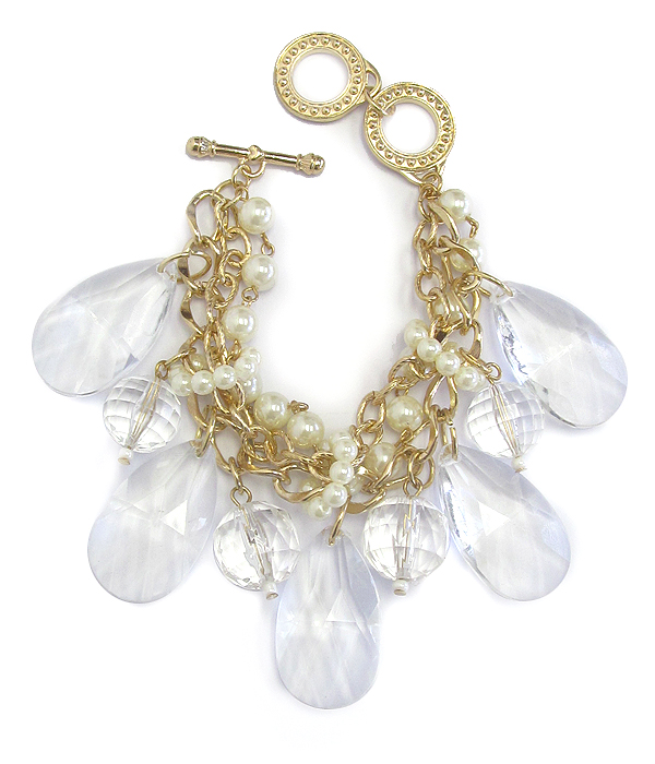 Multi pearl and chain with clear acryl tear drop and balls dangle toggle bracelet