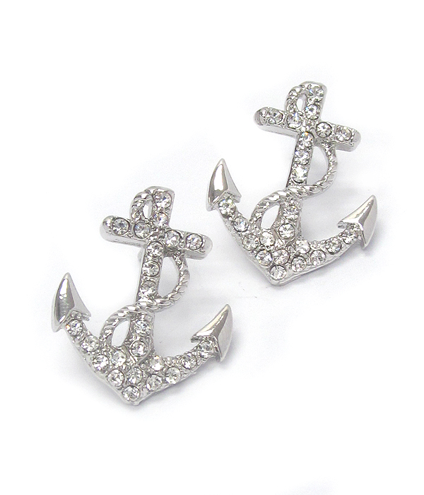 WHITEGOLD PLATING CRYSTAL ANCHOR EARRING