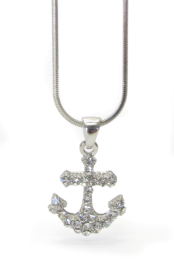 WHITEGOLD PLATING TRI CRYSTAL ANCHOR PENDANT NECKLACE