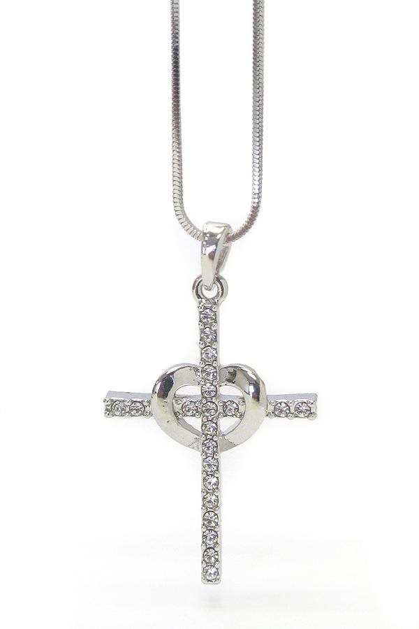 MADE IN KOREA WHITEGOLD PLATING CRYSTAL HEART CROSS PENDANT NECKLACE -valentine