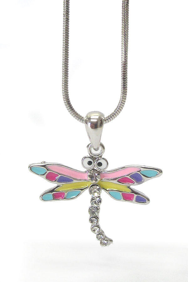 Made in korea whitegold plating crystal dragonfly pendant necklace