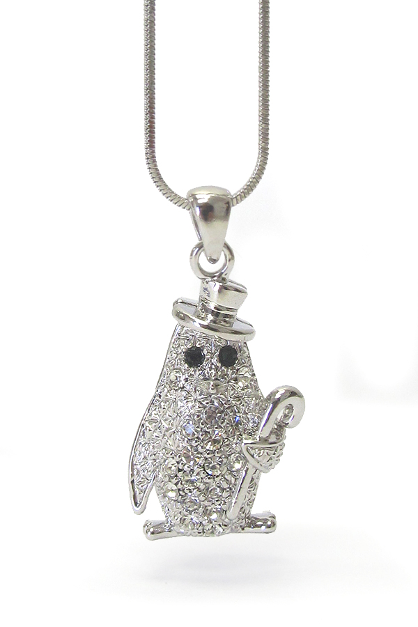 WHITEGOLD PLATING CRYSTAL GENTLE PENGUIN PENDANT NECKLACE