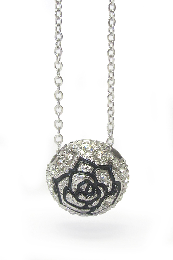 WHITEGOLD PLATING CRYSTAL PUFFY ROSE BALL PENDANT NECKLACE