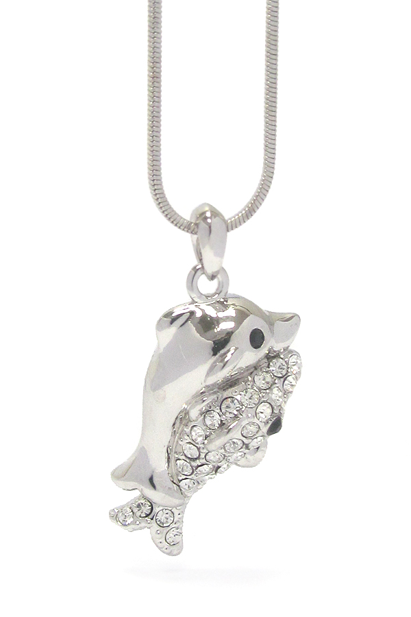 WHITEGOLD PLATING CRYSTAL DONPHINS PENDANT NECKLACE