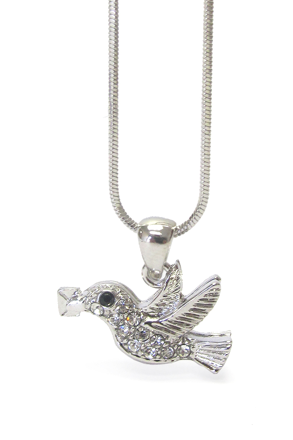 WHITEGOLD PLATING CRYSTAL MAILING BIRD PENDANT NECKLACE