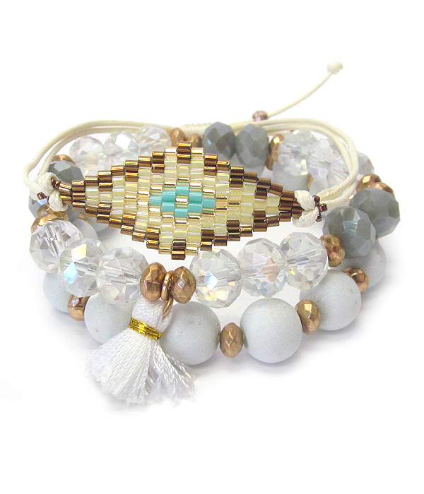 Multi facet bead and pull tie mix stretch bracelet set