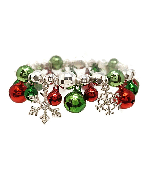 CHRISTMAS THEME MULTI SNOWFLAKE AND BELL DANGLE STRETCH BRACELET