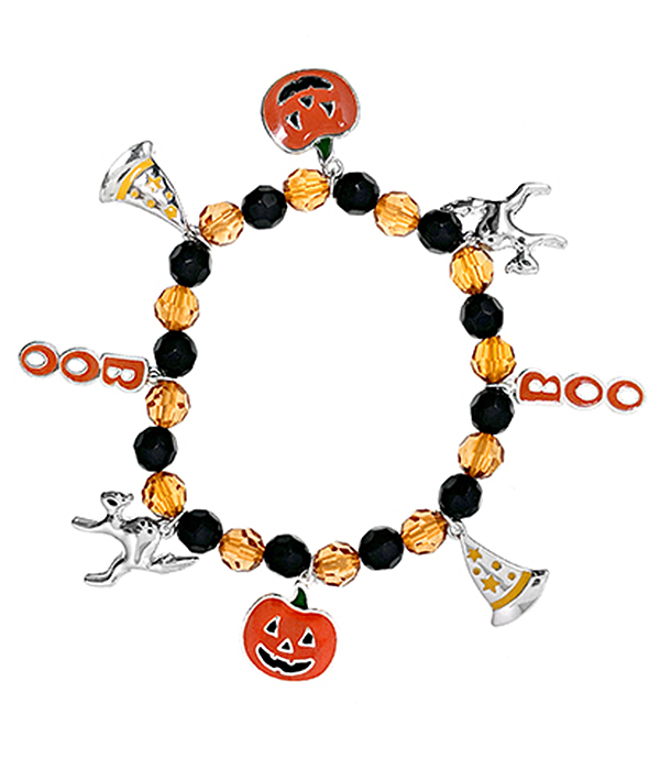 HALLOWEEN THEME MULTI CHARM STRETCH BRACELET - PUMPKIN CAT