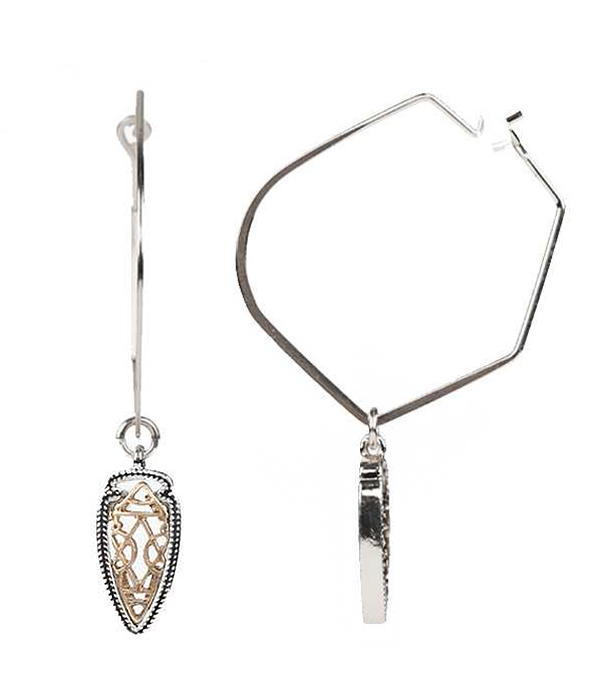 Metal filigree drop hoop earring