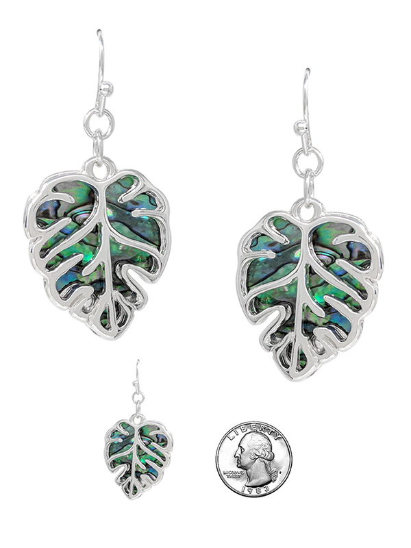 TROPICAL THEME ABALONE BACK WIRE ART EARRING - MONSTERA