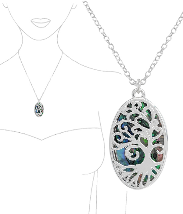 ABALONE BACK WIRE ART PENDANT NECKLACE - TREE OF LIFE