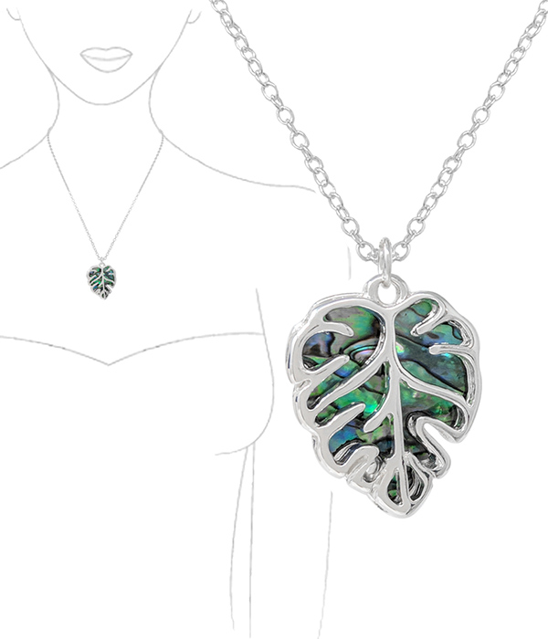 TROPICAL THEME ABALONE BACK WIRE ART PENDANT NECKLACE - MONSTERA