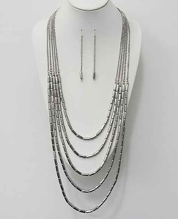 Multi layer metal tube link necklace earring set