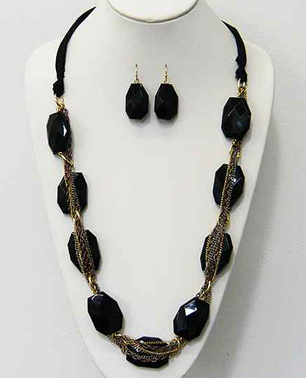 Facet acryl and multi chain long necklace earring set