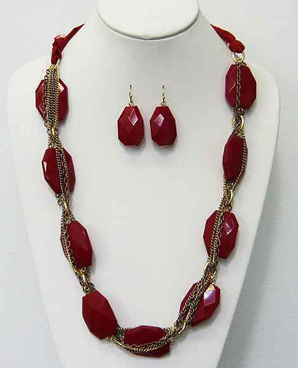 FACET ACRYL AND MULTI CHAIN LONG NECKLACE EARRING SET