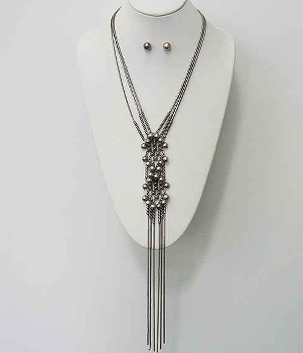 Metal ball and chain deco long drop necklace earring set
