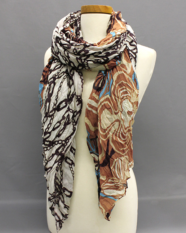 EXTRA WIDE CHAIN AND FLORAL PRINT FALL CRINKLE SCARF