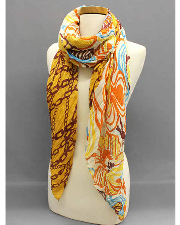 Extra wide chain and floral print fall crinkle scarf