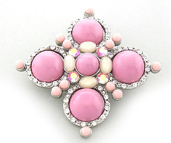 Crystal and acryl stone flower brooch