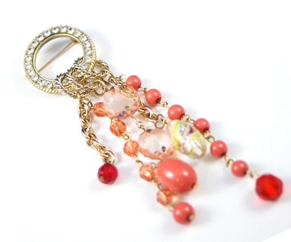 Crystal round and multi glass bead chain drop brooch