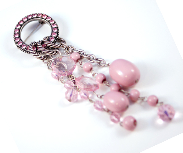 Crystal round and multi glass bead chain drop brooch