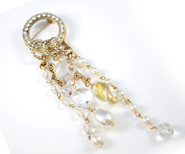 Crystal round and multi glass bead chain drop brooch