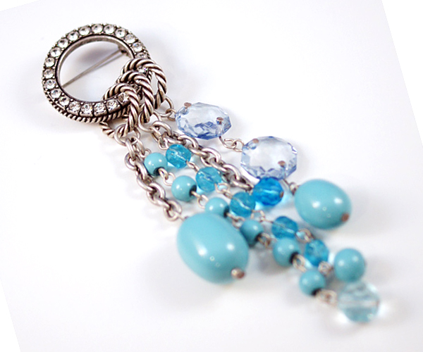 Crystal round and multi glass bead chain drop brooch