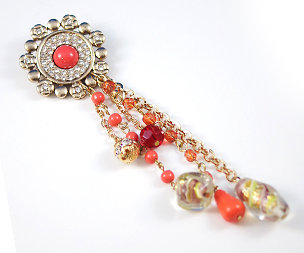 Crystal round and multi glass bead chain drop brooch